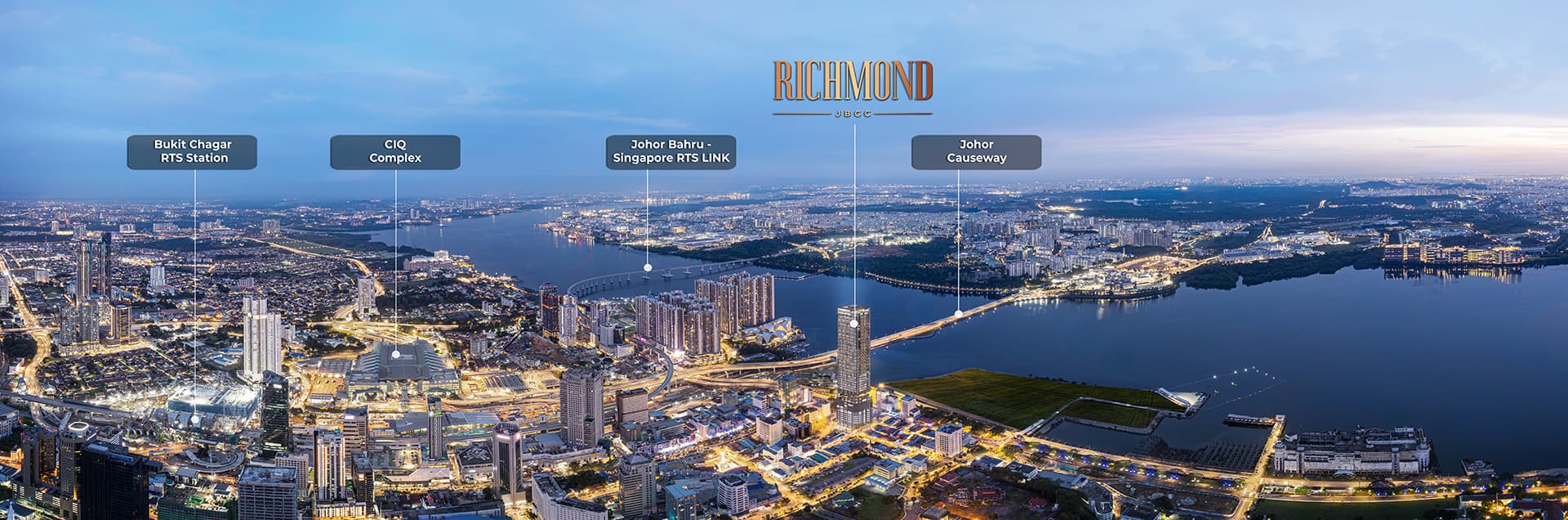 Richmond JBCC 航拍图 —— 毗邻新柔长堤、Bukit Chagar 捷运站与 CIQ 关卡